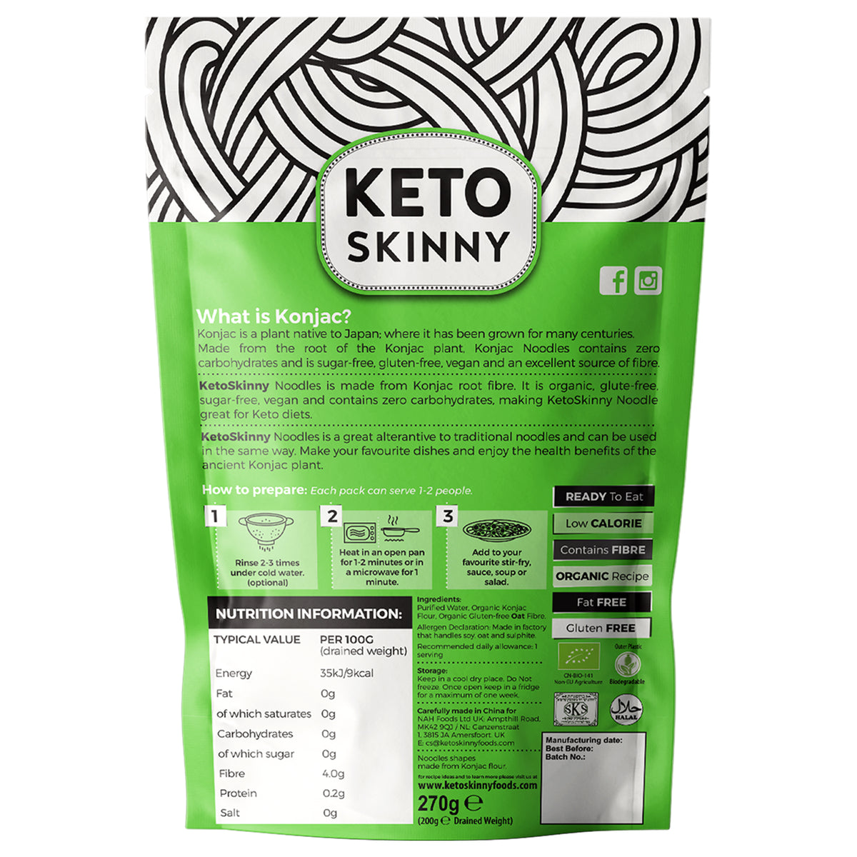 Keto Skinny Noodles (Pack of 6, 270g) - Made from Organic Konjac Flour, Keto Paleo Diet and Vegan Food, Shirataki, Zero Sugar Less Carbohydrate & Low Calorie Food
