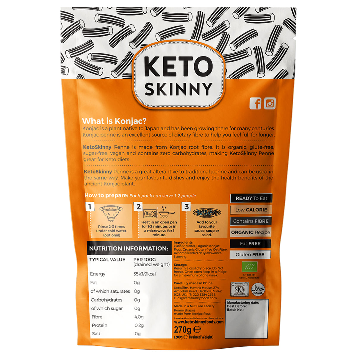 Keto Skinny Penne (Pack of 6, 270g) - Made from Gluten Free Organic Konjac Flour - Keto Paleo Diet and Vegan Food - Zero Sugar, Shirataki, Less Carbohydrate & Low Calorie Food