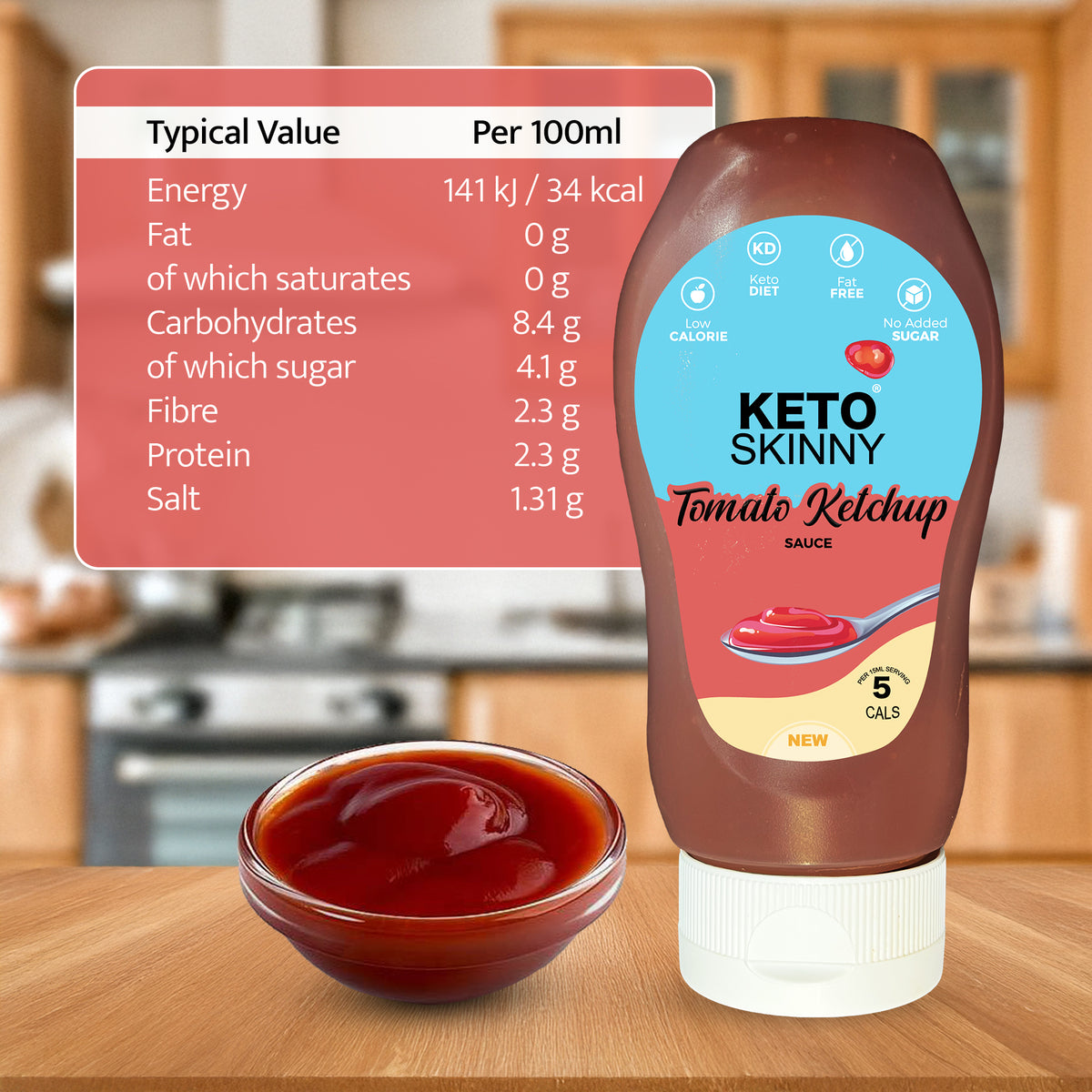 Keto Skinny Tomato Ketchup Sauce 300ml - 100% Natural Organic Gluten Free Sauce with 0g Of Carbohydrates - No Added Sugar All Purpose Sauce Suitable for Vegans Keto Diet