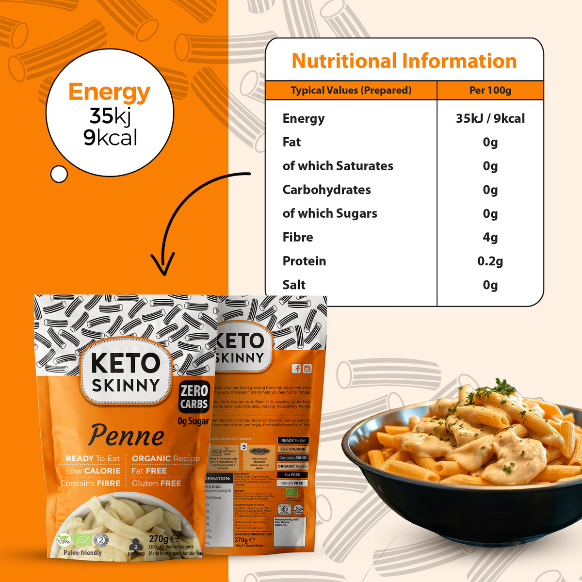 Keto Skinny Penne (Pack of 6, 270g) - Made from Gluten Free Organic Konjac Flour - Keto Paleo Diet and Vegan Food - Zero Sugar, Shirataki, Less Carbohydrate & Low Calorie Food